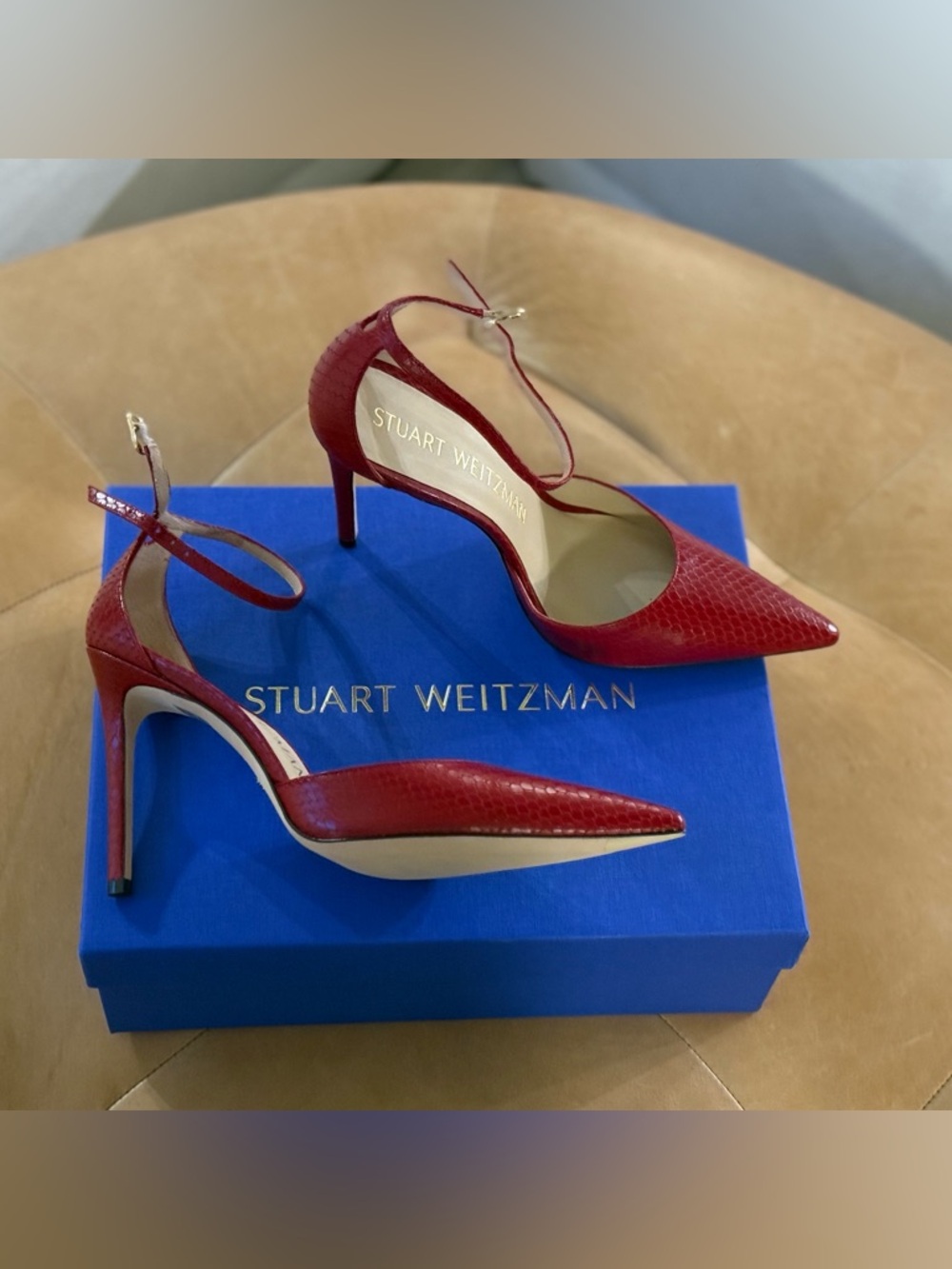 Stuart Weitzman Red Pointed-Toe Ankle-Strap Stiletto Pumps
